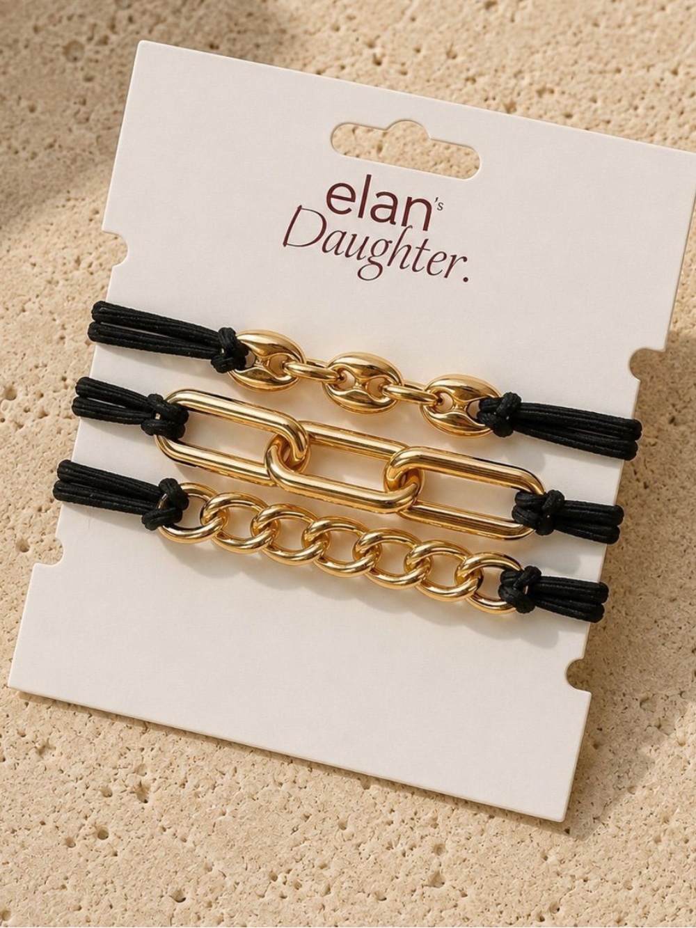 Elan Gold-Tone Chain Bracelet Hair tie Set with Black Cords